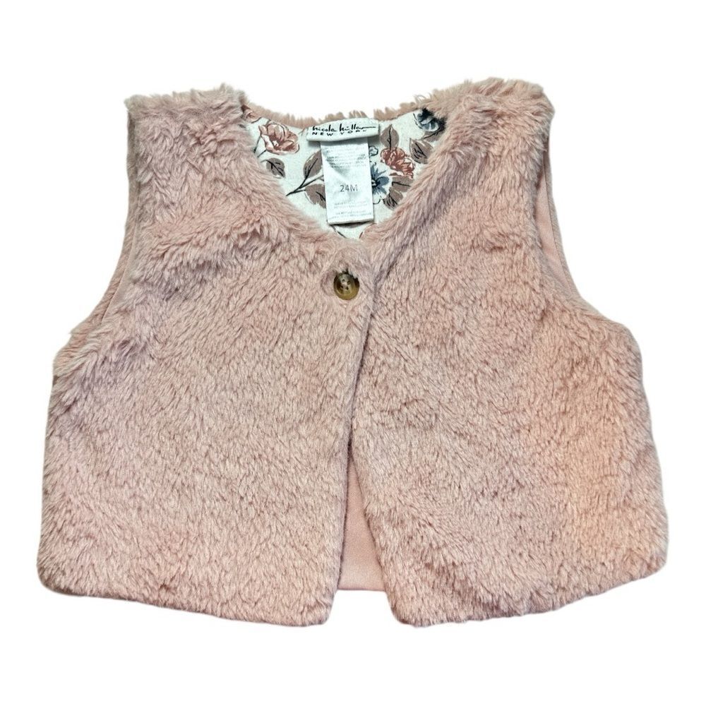 Nicole Miller New York Girls 24 Month Faux Fur Button Dusty Rose Pink Vest EUC